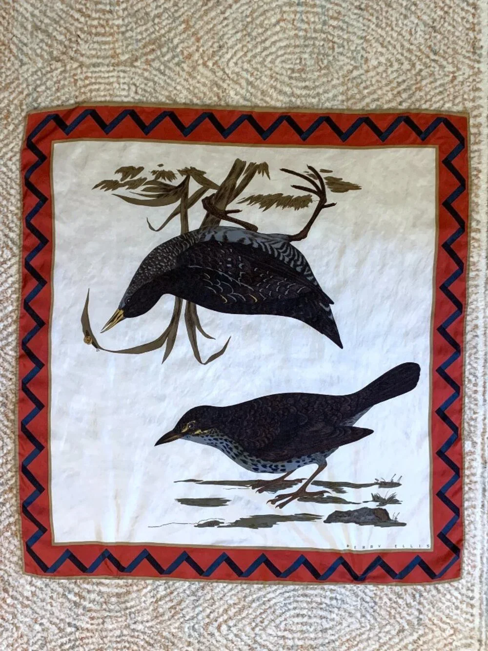 Vintage Perry Ellis Silk Scarf 31” Square Rolled Hem Bird Design - Picture 2 of 10
